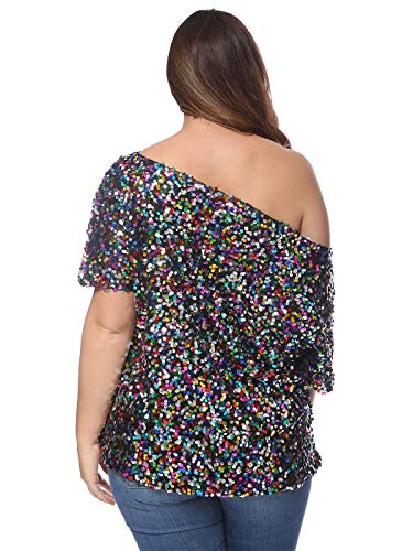 Anna-Kaci Women's Plus Size Sequin Sexy One Shoulder Short Sleeve Party Club Top, Multicolored, XX-Large