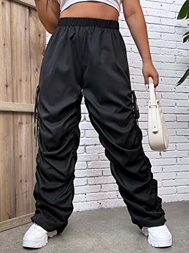 MakeMeChic Women's Plus Size Elastic High Waist Drawstring Side Cargo Pants Ruched Stacked Pants Black 3XL