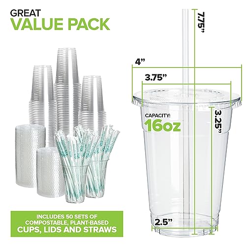 Stock Your Home 16 oz Clear Compostable Cups with Lids and Straws (Set of 50) Plant Based Biodegradable Cold Cups No Plastic Eco Party Cup, Environmentally Friendly Recyclable Disposable Sustainable