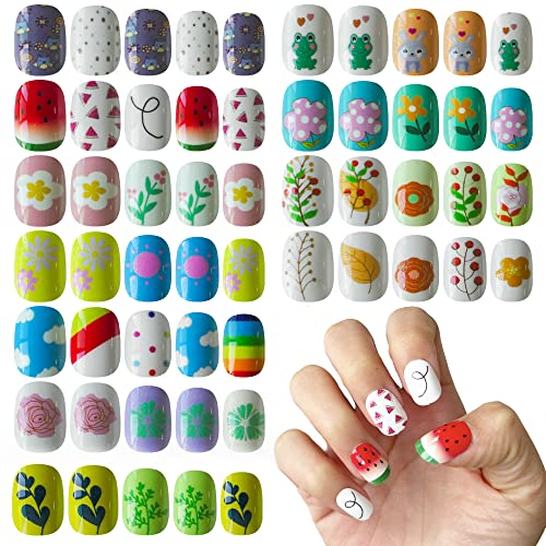 Bellelfin 264pcs Short Press on Nails Cute Floral Fruit Leaf Coloful Acrylic Artificial Kids Full Cover Fake Nails with Adhesive Tabs for Girls Fingernail Decoration