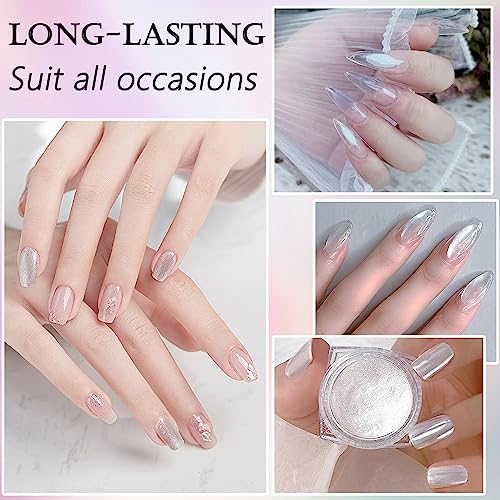 White Pearl Chrome Nail Powder, Ice Transparent Aurora Nail Powder, High Gloss Glitter Nail Art, Mirror Effect Jewelry Glitter White Nail Powder for Manicure Decorations