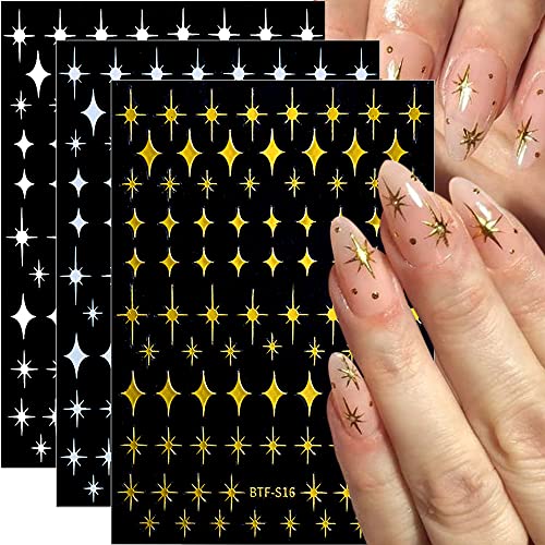 Dornail 8 Sheet Shiny Gold Stars Nail Stickers Silver 3D Four-Pointed Star Nail Decals Starlight Self-Adhesive Sticker Nail Designs Nail Accessories for Women Girl Nail Decorations Nail Art Supplies