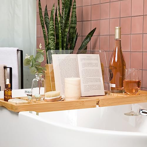 Luxe Lily Bathtub Tray | Holds Book Open with Removable Water Shield | Luxury Bath Tray | Extendable Bath Tub Tray Table | Bath Tray for Tub with Wine Holder | Bathtub Caddy for Home