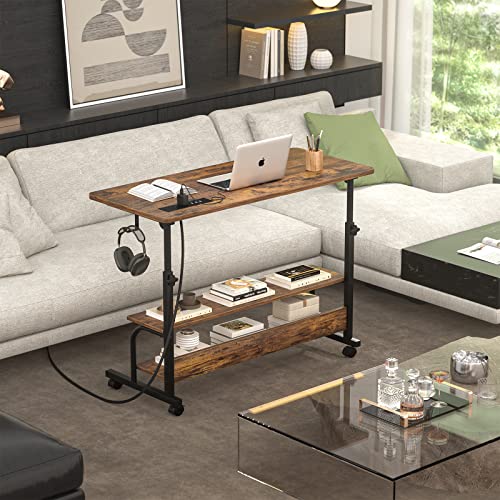 Height Adjustable Standing Desk with Power Outlets, 32" Manual Stand Up Desk with Storage Shelves Small Mobile Rolling Computer Desk Portable Laptop Table with Wheels for Home Office, Rustic