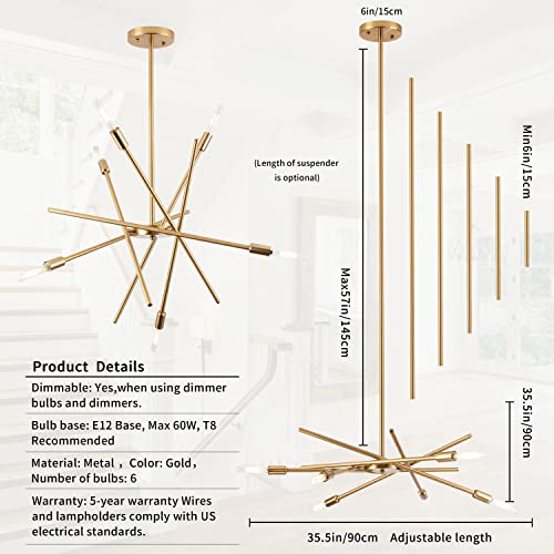 Mccokaige Modern Led Chandelier 6-Lights Gold Sputnik Chandeliers Gold Modern Chandeliers Contemporary Chandeliers for Dining Room Mid Century Pendant Lighting Mid Century Farmhouse Chandelier