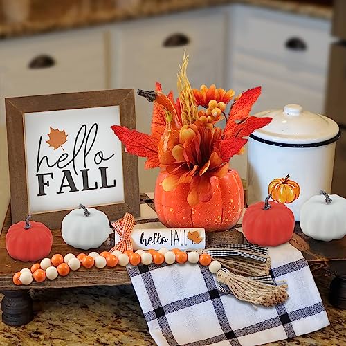 Fall Decor-Fall Decorations for Home-Artificial Pumpkin with Maple Leaf,Berry and Wheat & 4 Artificial Pumpkins,Wooden Sign & Bead Garland-Farmhouse Rustic Tiered Tray Decor for Autumn Decoration