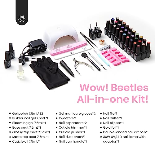 Beetles 52 Pcs Gel Nail Polish Kit with UV LED Light Starter Kit Soak Off 32 Colors Brownnails Glitter Fall Gel Polish Set with Base Top Coat 36W Nail Dryer Building Gel Blomming Gel Nail Art for DIY