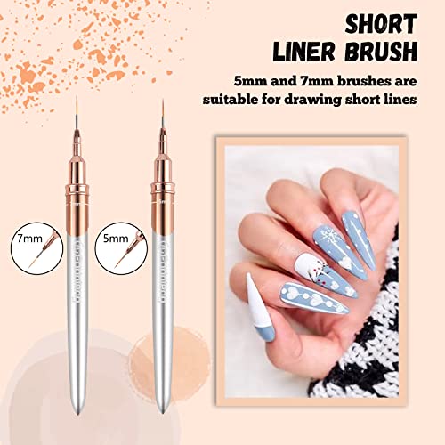 Liner Brush for Nails, 6Pcs Thin Nail Art Brushes Professional Nail Detail Brush for Gel Polish Sizes 5/7/9/11/15/25mm (Silver and Golden)