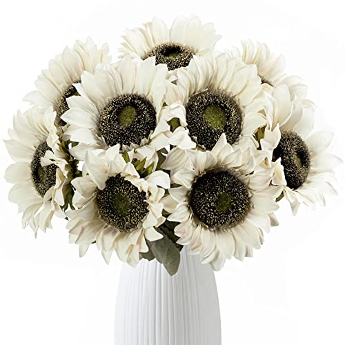 Hawesome White Sunflowers Artificial Flowers 7 Pcs Faux Silk Sunflowers Bouquet Fake Real Touch Long Stems Floral for Wedding Party Centerpieces Home Decoration(Autumn White)