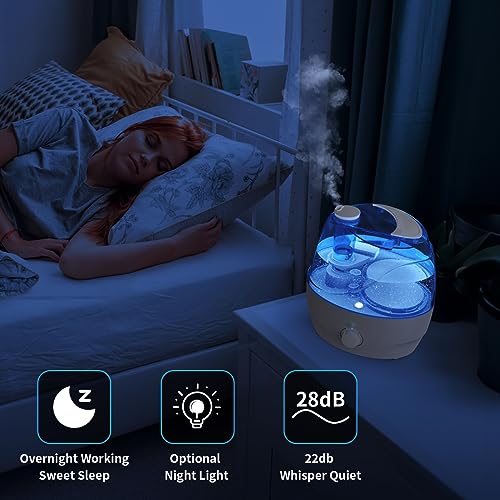 Humidifiers for Bedroom Large Room Home, 2.2L Cool Mist Humidifier for Baby Kids, 30 Hours with Whisper-Quiet Operation, Adjustable 360° Rotation Nozzle, Night Light Function(Blue-White)