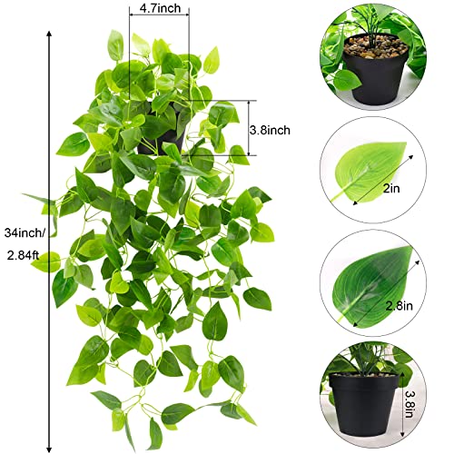 WXBOOM Small Fake, Artificial Potted Plant Faux Ivy Vine Plant Hanging Plant Pothos for Shelf Home Office Indoor Outdoor Garden Greenery Decor 2.84ft (Black Pot)