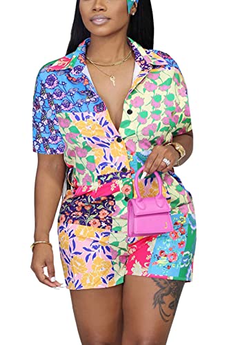 Bluewolfsea Womens Plus Size Casual Summer Boho Floral Printed 2 Piece Outfits Rompers Short Sleeve Shirt and Shorts Set XX-Large Flower