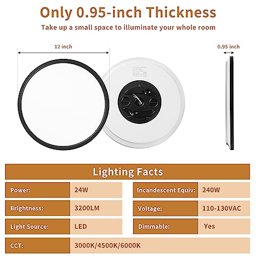 3200LM Flush Mount Ceiling Light Fixtures Black 12Inch, Dimmable LED Ceiling Lights for Bedroom, CCT Adjustable 3000K 4500K 6000K, Bright Low Profile Flat Ceiling Lights for Kitchen Bathroom, 2 Packs