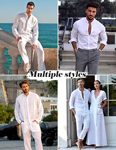 COOFANDY Men Linen Sets Outfits 2 Piece For Wedding Long Sleeve And Casual Elastic Waist Pants Summer Outfits (White M）