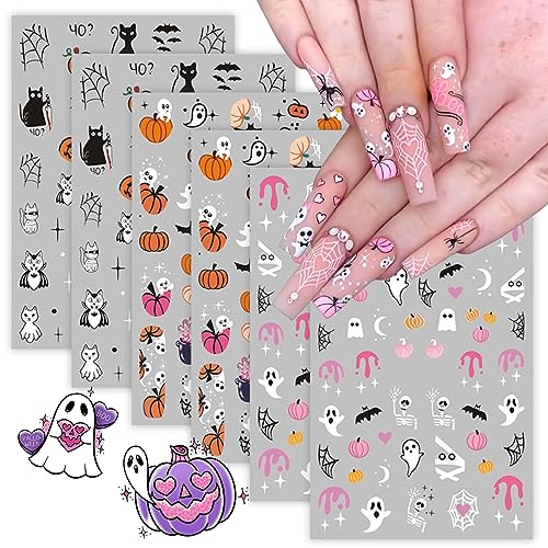 Cute Halloween Nail Art Stickers Pink Pumpkin Nail Stickers for Nail Art, 3D Self-Adhesive Spider Web Decals Stickers Star Skeleton Design Nail Supplies for Manicure Acrylic Nail Decoration 6 Sheets