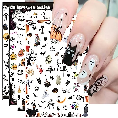 8 Sheets Halloween Nail Art Stickers Decals Self-Adhesive Pegatinas Uñas Cute Scream Horror Skull Spider Web Witch Nail Supplies Nail Art Design Decoration Accessories