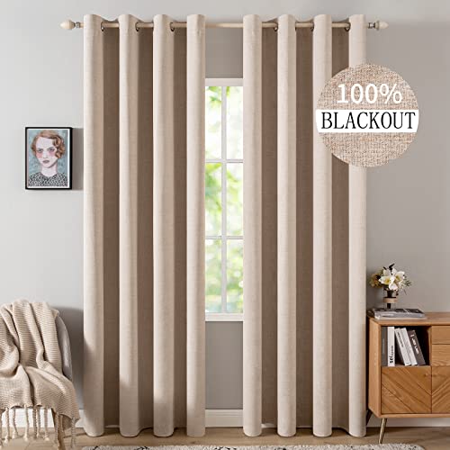 MIULEE 100% Blackout Linen Textured Curtains for Bedroom Solid Thermal Insulated Natural Beige Grommet Room Darkening Curtains & Drapes Luxury Decor for Living Room Nursery 52 x 84 Inch (2 Panels)