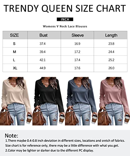 Trendy Queen Womens Fall Shirts 2023 Blouses for Women Dressy Casual V Neck Lace Crochet Long Sleeve Ribbed Knit Teacher Outfits Boho Fashion Tunic Tops A-Khaki