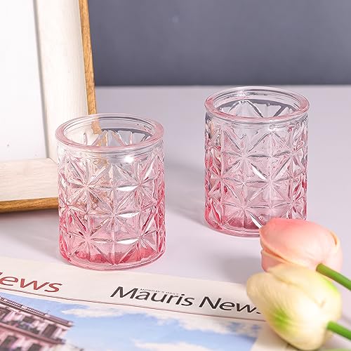 Sunnyfuture 12pcs Pink Votive Candle Holders, Tealight Candle Holders, Glass Candle Holders for Table Centerpiece, Wedding, Home Decoration, Birthday Party,Gifts