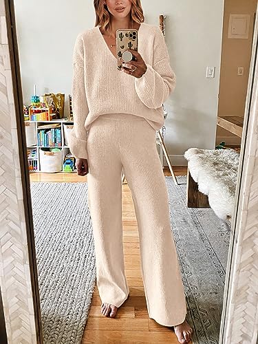 ANRABESS Women's Two Piece Outfits Sweater Sets Long Sleeve Knit Pullover and Wide Leg Pants Lounge Sets 2023 Fall Fashion Clothes Tracksuit Sweatsuit Set B1165kaqi-S