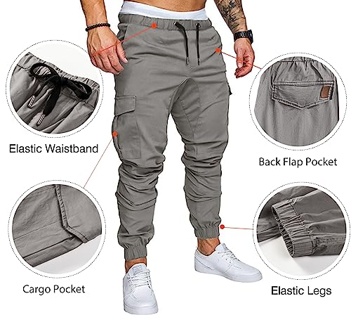 JMIERR Men's Fashion Cargo Pants - Casual Cotton Tapered Stretch Twill Chino Athletic Joggers Sweatpants Drawstring Workout Trousers with Pockets for Men Slim Fit, US 32(S), A Grey 2