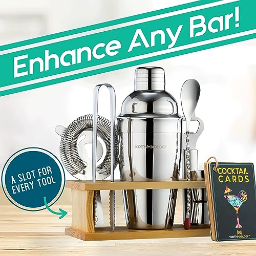 Mixology Bartender Kit | 8-Piece Silver Cocktail Shaker Set with Pine Wood Stand, Recipe Cards, and Bar Accessories | Perfect for Home Bar, Parties