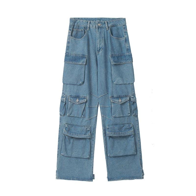 Women's Baggy Cargo Pants Y2K Clothing Multi-Pocket Relaxed Fit Jeans Fairy Grunge Clothes Alt Emo Streetwear (Blue Jeans,2XL)