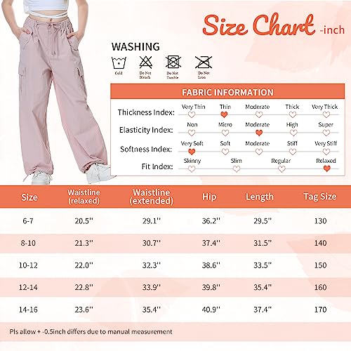 Rolanko Girls Parachute Pants, Cargo Pants for Girls Baggy Y2K Loose Jogger Trousers with Pockets (Pink, 12-14)