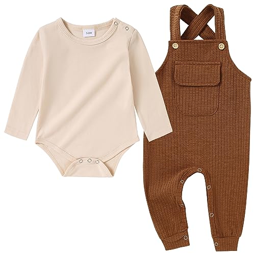 CARETOO Newborn Baby Boy Clothes,Infant Boy Romper Fall Winter Outfits Bodysuit 2Pcs Striped Long Sleeve Top Overalls 0-18M(Brown 6-12M)