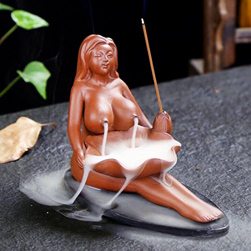 OTOFY Beauty Maid Red Porcelain Ceramic Incense Holder Backflow Incense Burner Incense Cone Sticks Holder Artwork Home Décor Craftwork Figurine