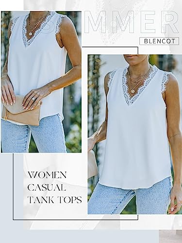 BLENCOT Women Lace Trim Tank Tops V Neck Fashion Casual Sleeveless Blouse Vest Shirts Small A White