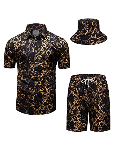 fohemr Mens Luxury Outfit Set Black Gold Shirts and Shorts 2 Piece Chain Print Set Baroque Button Down Suit with Bucket Hats 4X-Large