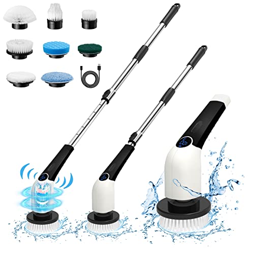 Keimi Electric Spin Scrubber, 2023 New Cordless Voice Prompt Shower Cleaning Brush with 8 Replaceable Brush Heads, 3 Adjustable Speeds, and Adjustable Extension Handle for Bathroom Floor Tile