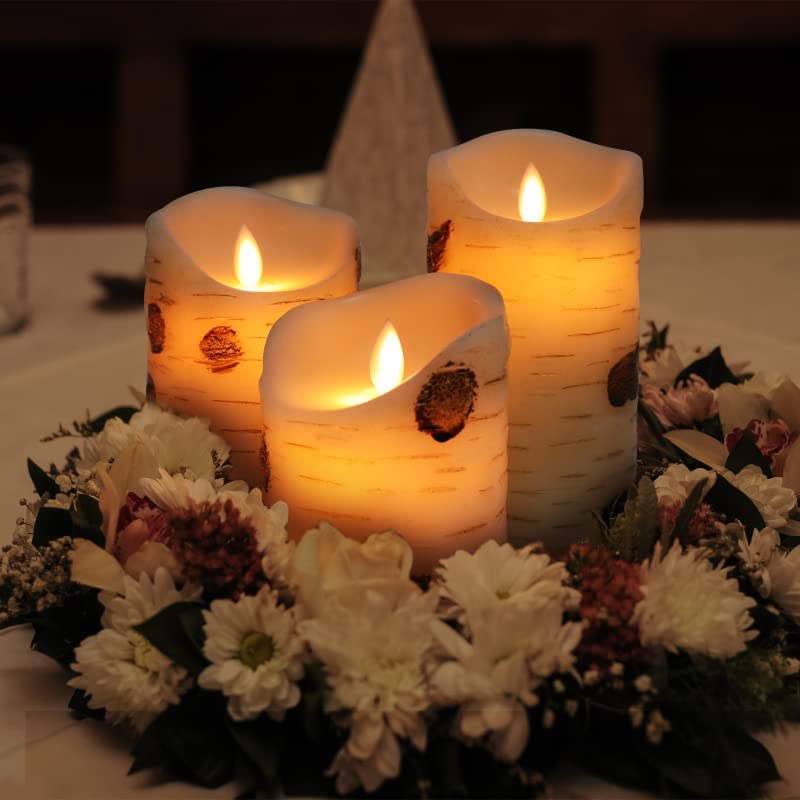 Flameless Candles with Remote Real Wax Bark LED Candles Set of 3 (H:4" 5" 6" D:3.2") Candles Battery Operated Pillar LED Candle Lights Set Home Decoration