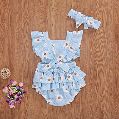 Baby Girls Daisy Playsuits Ruffled Bodysuit+Headband Print Fly Sleeve Romper Floral Jumpsuit Infant Summer Clothes (Blue,6-12 Months)