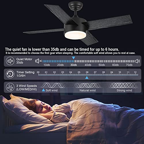 SNJ 44 inch Black Ceiling Fans with Lights and Remote, Oil Rubbed, Low Profile, Modern, Ceiling Fan, Bedroom, Indoor, Outdoor, Home, Fandelier, LED, Tri-Color Temperature, Quiet Reversible