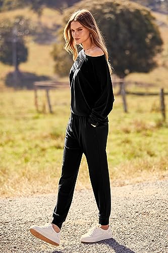 PRETTYGARDEN Women's 2023 Fall Fashion Outfits 2 Piece Sweatsuit Solid Color Long Sleeve Pullover Long Pants (Black,X-Large)