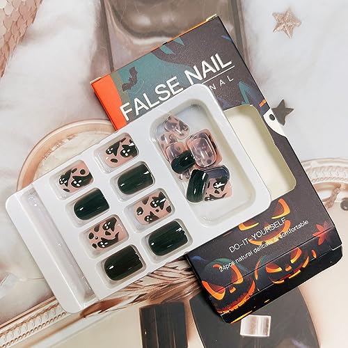Halloween Press on Nails Short Square Shape Halloween Fake Nails Black Green Halloween False Nails Cute Halloween Ghost Designs Artificial Nails for Women and Girls Finger Decorations, 24Pcs