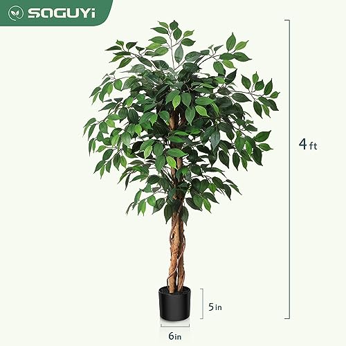 SOGUYI 4ft Artificial Ficus Tree with Natural Wood Trunk, Silk Fake Ficus Tree in Plastic Nursery Pot, Faux Plant for Office Home, Indoor Outdoor Decor, 1 Pack