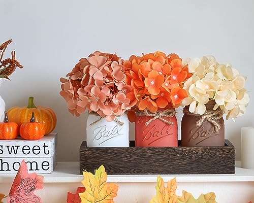 2023 Fall Mason Jars, Fall Centerpiece Table Settings, Wood Tray with 3 Painted Jars, Dining Coffee Table Centerpiece For Kitchen Living Room Harvest Mason Jar Decor with Flowers, Thanksgiving Day