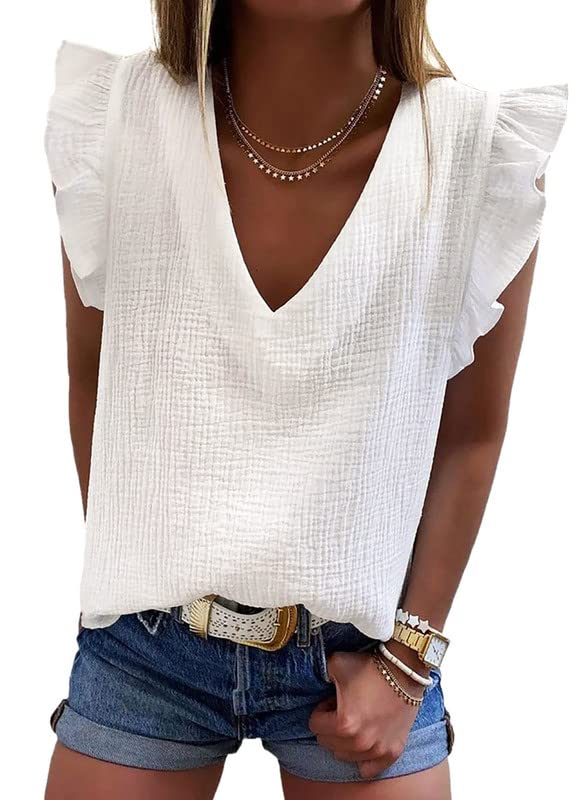 Dokotoo Womens Cute V Neck Ruffle Sleeveless Loose Summer Blouse - Fashion 2023 White Medium