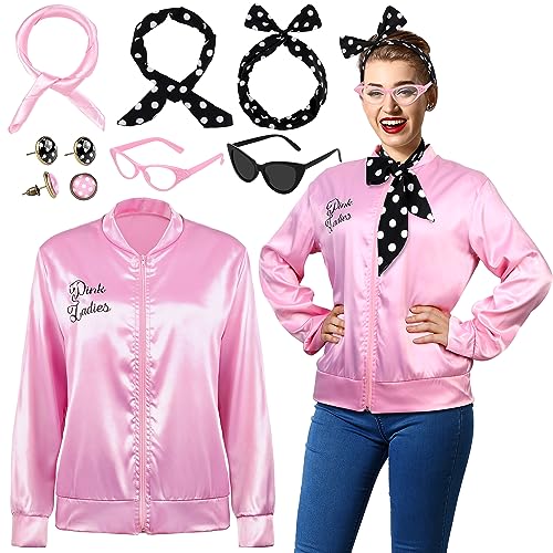 AOTHSO 1950s Pink Satin Jacket with Headband Scarves Earrings Glasses for Women 8 Pieces Halloween Adults Cosplay Costume Set