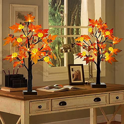 TURNMEON [ 2 Pack & Timer 24 Inch Lighted Maple Tree Fall Decor, Total 48 LED Battery Operated Tabletop Artificial Tree Design Patent Pumpkin & Acorn Thanksgiving Halloween Decoration Home Indoor