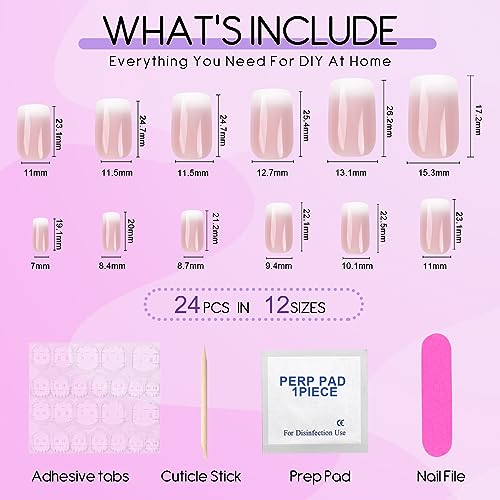 Kugge Short Press On Nails Square, 24PCS Nude White Ombre French Fake Nails Kit with Nail Glue and Adhesive Jelly Glue, Gel Made Reusable Glue On False Nails for DIY Manicure at Home(Short Square Pink White Ombre)