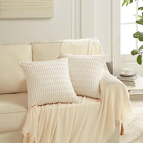 Fancy Homi 4 Packs Neutral Decorative Throw Pillow Covers 18x18 Inch for Living Room Couch Bed Sofa, Rustic Farmhouse Boho Neutral Home Decor, Soft Plush Striped Corduroy Square Cushion Case 45x45 cm