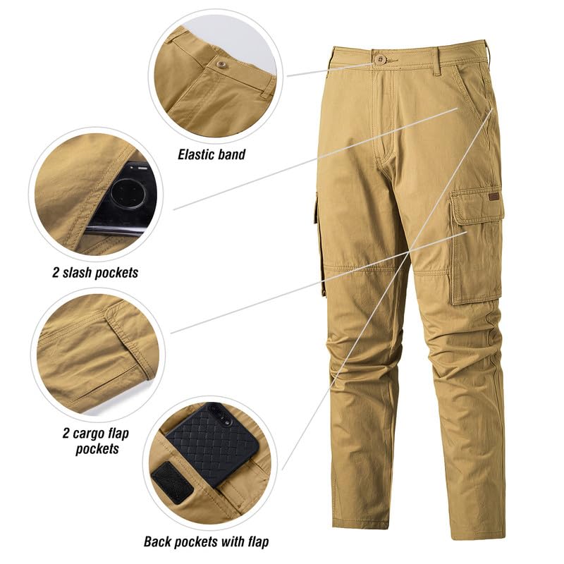 JMIERR Mens Pants Loose Fit Cargo Pants for Men Casual Cotton Stretch Elastic Waist Hiking Work Tactical Pants Flexible Outdoor Joggers Sweatpants Multi Pockets,US 40(2XL),1Khaki