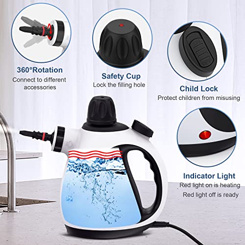 KOITAT Pressurized Steam Cleaner, Handheld Steamer for Cleaning, Multipurpose Portable Upholstery Steamer with Safety Lock and 10 Accessory Kit to Remove Grime, Grease, and More, Save Time and Effort