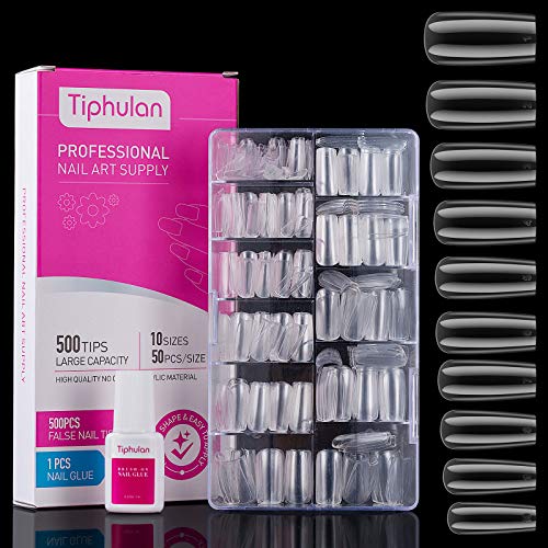 Tiphulan Clear Square Nail Tips - False Nails Tips and Glue with Gift Box of 10 Sizes, 500pcs Full Cover Acrylic Nail Tip, Squoval Shape Nail Tips, Fake Nails for Nail Art Salons and Home DIY