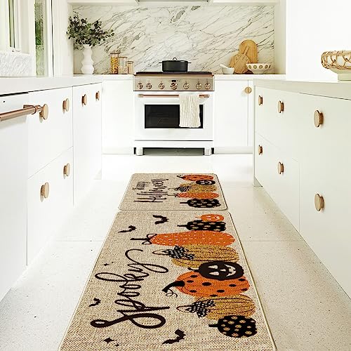 Artoid Mode Pumpkin Bats Happy Halloween Kitchen Mats Set of 2, Home Decor Low-Profile Kitchen Rugs for Floor - 17x29 and 17x47 Inch