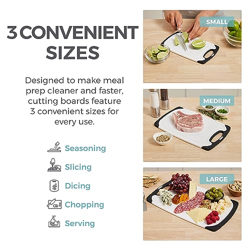 Home Genie Large Reversible Kitchen Cutting Board Set of 3, Slip-Resistant Rubber Border and Juice Grooves, Dishwasher Safe Strong Food Plastic Chopping Boards Chopper Tray Cooking Gadget, Pitch Black